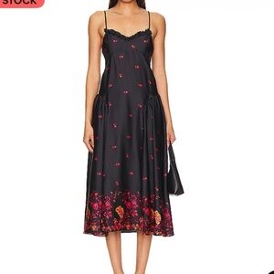 Free People On My Own Floral Satin Smocked Midi Dress Women’s Sz M